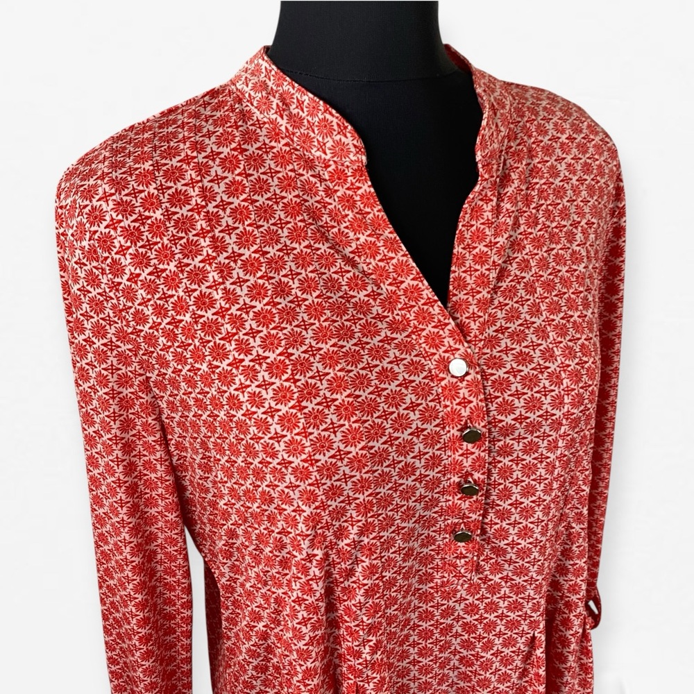 Westport Mandarin Collar V-neck with butt accent reddish Orange flowy blouse L - Picture 2 of 10